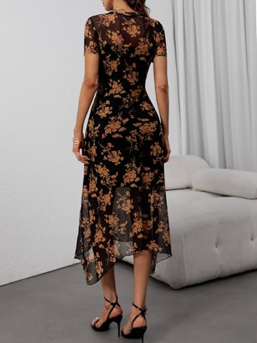 Image of GothDark Women Summer Wedding Guest Floral Mesh Irregular Hem Midi Dress | A-Line, Short Sleeve, Sheer Mesh Overlay, Elegant Vintage Dresses For Party, Semi Formal, Vacation, Dinner, Church