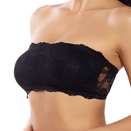 Lace Bralettes for Women Padded Bandeau Bra Strapless Tube Top Wireless Chest Wrap Basic Layering (Black, L)