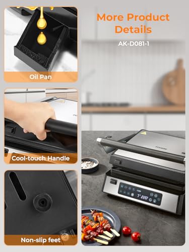 FOHERE Multifuncional 4 en 1 Grill de Contacto, Gofrera y Sandwichera con 4 Placas Antiadherentes Extraíbles, Tiempo y Temperatura Individuales, Pantalla LED, 2000W - imagen 9