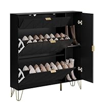UEV Tilting Shoe Cabinet, Shoe Rack for 16 Pairs of Shoes, Shoe Storage, Hidden Shelf and Boot Cabinet on Side (Black)