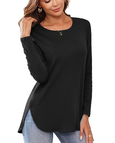 Image of Herou Women's Casual Long /Short Sleeve T Shirt Crewneck with Side Split Fall Pullover Loose Tunic Sweater Tops