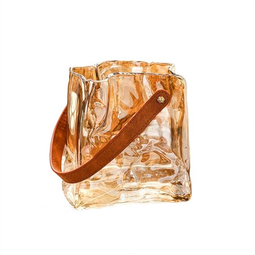 Vaso in vetro per fiori, centrotavola trasparente a forma di borsa con manico in pelle, piccola ciotola decorativa per pesci per casa, matrimonio e decorazione da tavolo