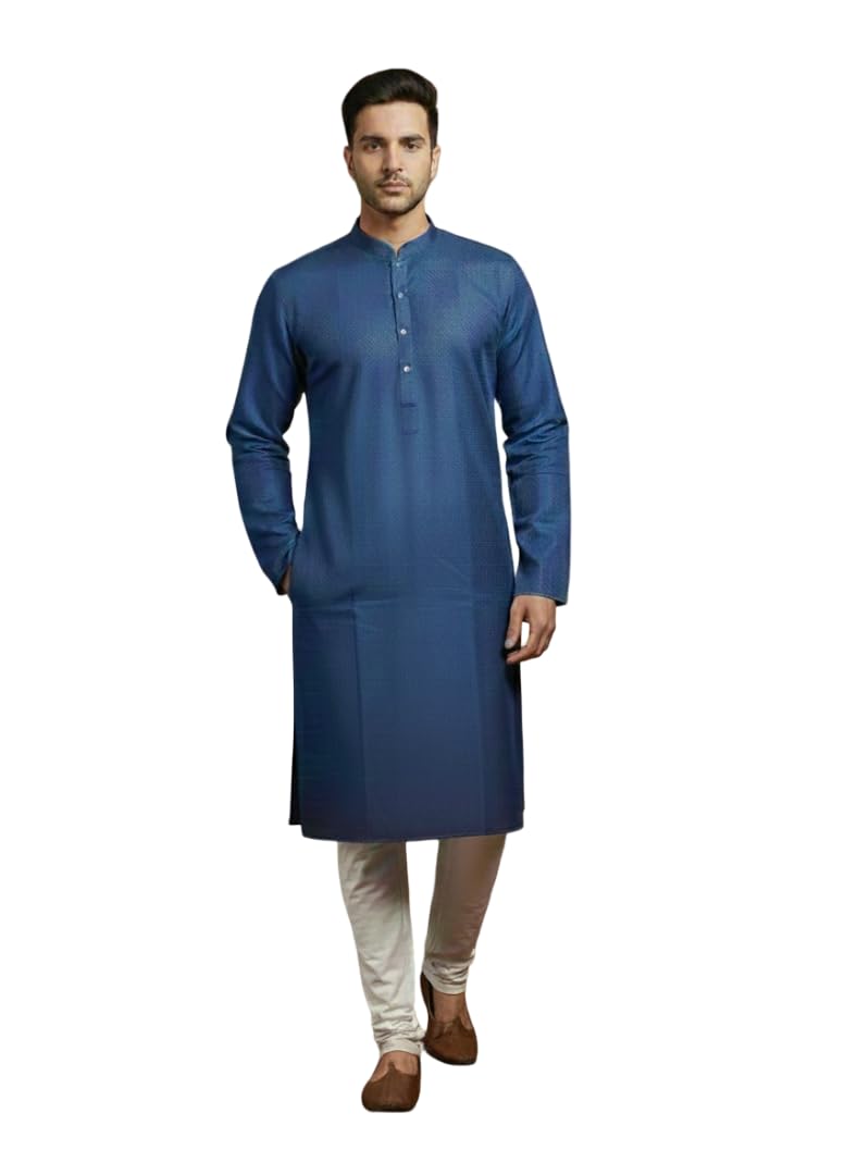 Designer Solid Colour Blue Kurta Featuring Intricate Textured_M-image-15