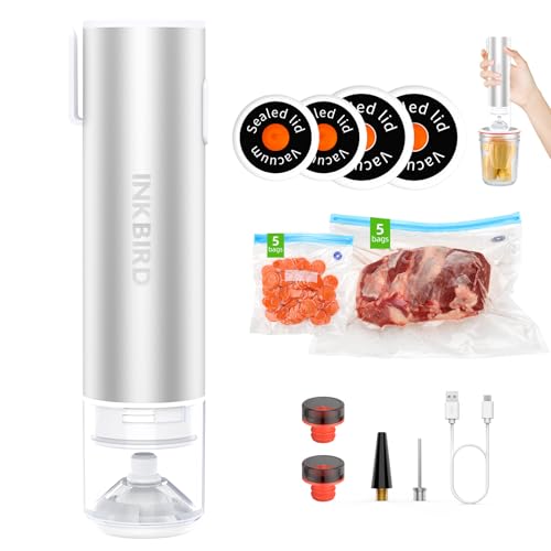 Image of INKBIRD Handheld Vacuum Sealer INK-KZ-100, Multi-Purpose Vacuum Sealer with 4 Mason Jar Lids, One-Touch Operation, Kitchen Essentials for Food, Wine, Meat, Fruits