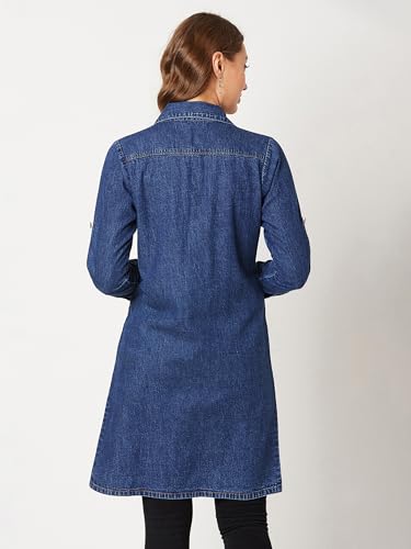 Image of Miss Chase Women's Polo Neck Full Sleeves Patch Pocket Denim Overcoat Knee-Length Jacket