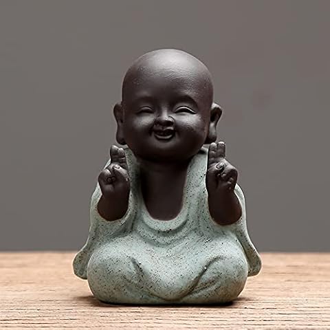 EVECILOO Ceramic Laughing Buddha Statue Little Cute Buddha Statue Happy Monk Figurine Office Desktop Mini Statue Tea Ornaments Home Decor Decoration (140) (Green 3) Cover