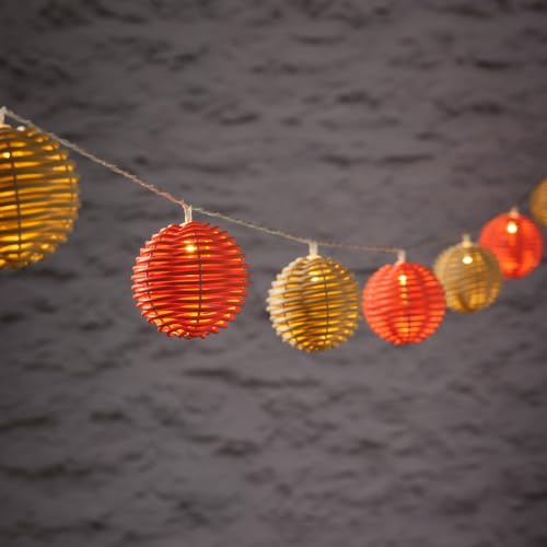 Lights4fun Guirlande Solaire Extérieure 2,25 m – 10 Boules en Rotin Orange & Beige avec LED Blanc Chaud, pour Jardin, Balcon ou Terrasse