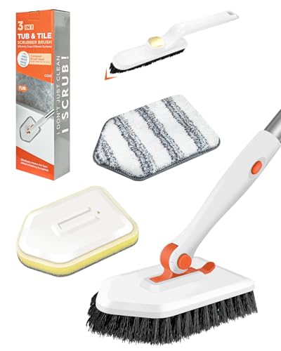 3-in-1 Tub and Tile Scrubber with Long Handle (51.2) Telescopic Bathroom Cleaning Brush 3 Detachable Heads and Small Gap Brush for Floor Wall Glass Toilet Bath