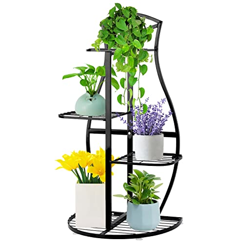 Ibnotuiy Plant Stand Indoor Plant Stands for Indoor Plants Multiple Metal Tiered Plant Stand 4 Tier 5 Potted Plant Shelf with Vase Shape for Garden Corner Balcony Living Room(Black)