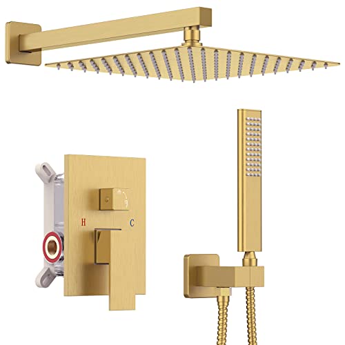 Iriber Brushed Gold Rain Shower System With 10 Inch Shower Head And Handheld Bathroom Wall Mounted Shower Set Contain Shower Faucet Mixer And Trim Kit (Valve Included) #TOP7