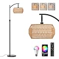 Arc Floor Lamps for Living Room with 3 Color Temperatures, Boho Farmhouse Floor Lamp with Remote & Dimmable RGB Bulb, Standing Lamp with Rattan & Fabric Shades, Adjustable Tall Lamp for Bedroom Office