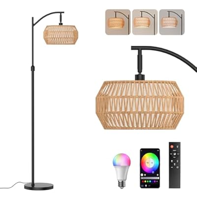 Arc Floor Lamps for Living Room with 3 Color Temperatures, Boho Farmhouse Floor Lamp with Remote & Dimmable RGB Bulb, Standing Lamp with Rattan & Fabric Shades, Adjustable Tall Lamp for Bedroom Office