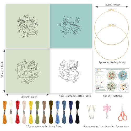 Image of INFUNLY 4 Pack Hummingbird Embroidery Kits for Beginners Flower Cross Stitch Kit Animal DIY Needlepoint Kits Floral Stamped Embroidery Kit with Instructions Embroidery Hoops Threads