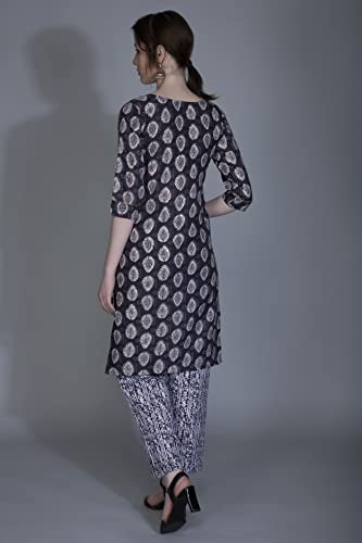 Image of DHRUVI TRENDZ Womens Cotton Blend Women Kurta Set with Duptta and Pant Regular Fit Straight (DT-K2695&P117&D72 Black S)