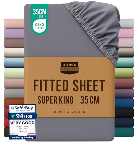 Utopia Bedding Fitted Sheet Super King Grey - Deep Pocket 14 inch (35 cm) - Easy Care - OEKO-TEX Certified - Soft Brushed Microfibre Fabric - Shrinkage and Fade Resistant - Bottom Sheet