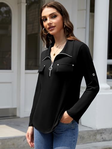 Image of Bulotus Womens 3 /4 Sleeve Tops Plus Size V Neck Zipper Business Casual Blouses for Office & Going Out Soft Knit Tunics, M-3XL