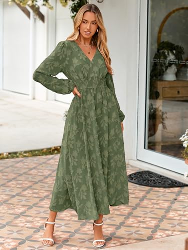 Image of Simplee Womens Boho Floral Long Sleeve Maxi Dress V Neck Empire Waist Fall Wedding Guest Dresses with Pockets