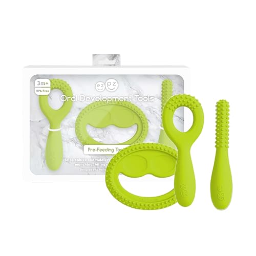 Image of ezpz Oral Development Tools - 3 Months+ (3 Pack in Lime) - Non-Slip Loop, Smile and Stick, 100% Silicone Tools to Practice Feeding + Chewing - Sensory Bumps - Dishwasher Safe