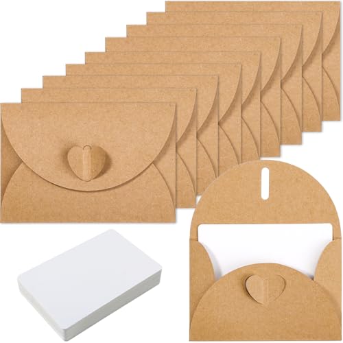 50er Set Vintage Kraftpapier Briefumschläge mit Herz Verschluss, Romantische Liebesbrief Umschläge, mit 50 Blanko Karten für Geldgeschenke Dankeskarten Einladung Hochzeiten Valentinstag Geschenke