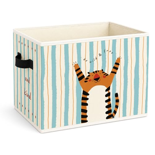 Tiger Storage Bin, Brave and Kind Blue Stripe Foldable Fabric Basket