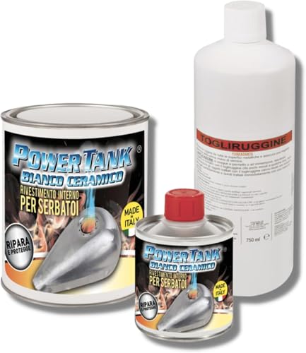 POWER TANK BIANCO CERAMICO Trattamento Serbatoio Moto (20/25 Litri) Kit Medio Medium 700 gr per interno Serbatoi Elimina la Ruggine Ripara Protegge Arrugginito da Auto Di d'Epoca con Antiruggine