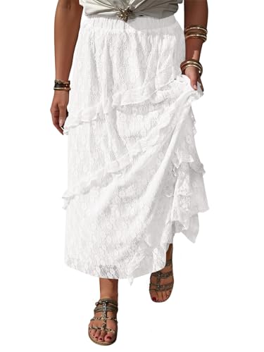 Cicy Bell Womens Lace Ruffle Maxi Skirts Flowy Boho Elastic High Waist Layered Beach Vacation Floral Long Skirts White