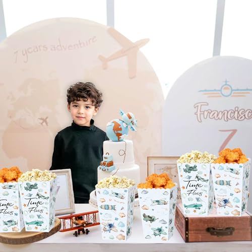 Image of 12 PCS Airplane Plane Popcorn Boxes Airplane Gift Goodie Bags Box Birthday Party Decorations Time Flies Robot Candy Boxes for 1st Birthday Baby Shower Decor
