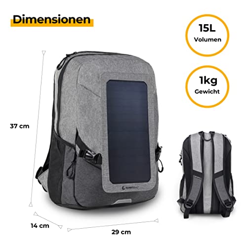 Sunnybag Explorer+ | Solar Backpack with Removable 6 watt Solar Panel | USB Port | Including Laptop Compartment for 15.6 inch Notebook | 15 Liter | Water Resistant | Gray-Black