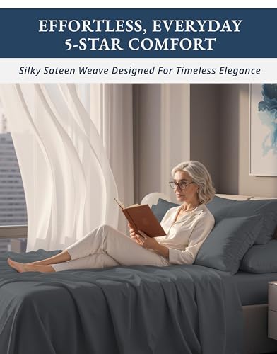 Image of LANE LINEN Split California King Sheets Egyptian Cotton Sateen - Charcoal | California King Size Sheets - 4-Piece Set, For A Luxurious Night's Sleep, For A Silky Hotel-Style Bed, Luxe Sheen
