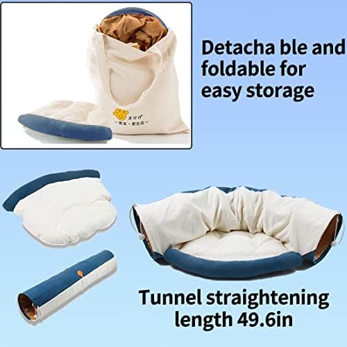 TANZEDMI Cat Bed, Pet Tunnel Bed, Foldable and Washable Cat Bed with Tunnel and 2 Hanging Scratching Balls,Orange / Blue