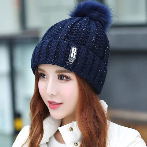 Image of SYGA Winter Beanie Hat for Women Warm Thick Cotton Lining Knit Bobble Pom Pom Skull Cap Fleece Lined Warm Cap Outdoor Sports Hat for Ladies Women Girl Free Size