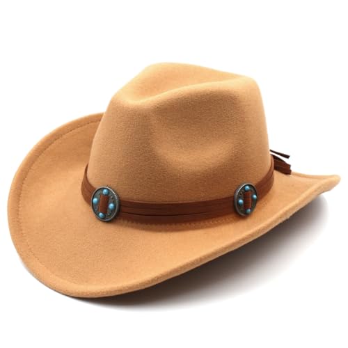 Western Cowboy Hat for Boys Girls, Kids Cowgirl Fedora Cap, Wide Brim with Brown Strap