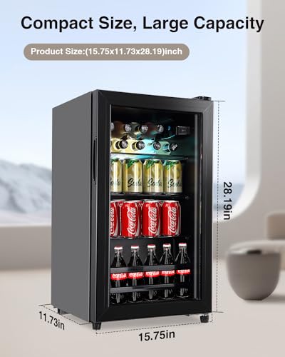 FLB-60 Refrigerator Cooler-120 Can Freestanding Beverage Cooler with Glass Door-Small Drink Dispenser Machine for Office or Bar with Adjustable Removable Shelves, Black