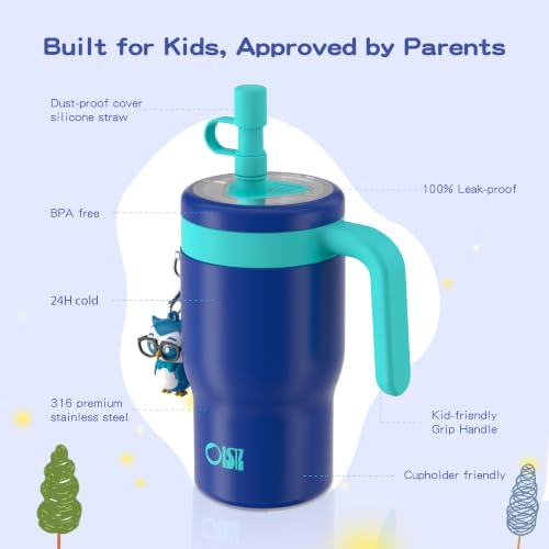 Image of OISIZ 14oz Kids Tumbler with Straw Lid & Handle,Kids Cup with Animal Accessory for School,Kids Water Bottles with Dust-proof Cover,Leakproof Water Bottles,316 Stainless Steel,Keep Cold 24 Hours-blue