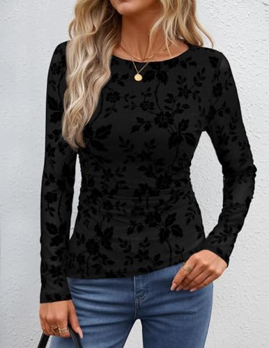 Image of ZESICA Womens Floral Long Sleeve Shirts 2026 Spring Boat Neck Mesh Ruched Tops Fitted Asymmetrical Going Out Blouses