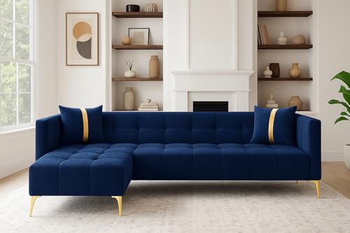 Image of FURNY Styliving 6 Seater Fabric LHS L Shape Sofa Set (Blue) with Golden Finish Legs | Durable & Comfortable | Ideal for Living Room