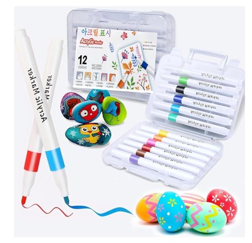 Image of Acrylic Marker Pens - 12 Vibrant Colors, Fine Tip, Quick-Dry, Water-Based Ink for DIY Crafts, Rock, Wood, Glass, Paper, Fabric Art for Kids & Adults (Acrylic MarkerPen 12)