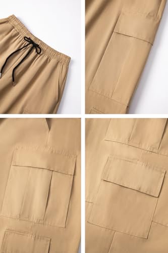 THWEI Mens Cargo Pants Drawstring Elastic Waist Casual Baggy Pant Streetwear Multi Pockets Khaki XL4