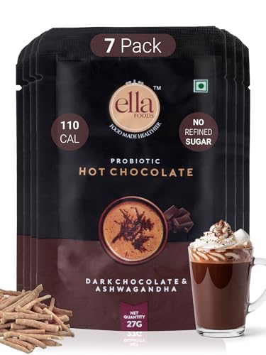 Image of Ella Foods Probiotic Instant Hot Chocolate Powder (27g Sachets Pack of 7) | Sugar Free Hot Chocolate with Natural Coconut Sugar | Healthy Mix with Ashwagandha for Immunity Boost & Whole Milk
