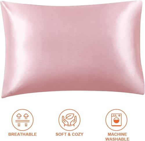 Image of Satin Pillow Covers Set of 2 - Soft & Smooth Pillowcases for Hair & Skin Care | Envelope Closure | Includes 3 Free Random Color Scrunchies | Frizz-Free Sleep Essentials (Pink)
