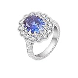 Juego de anillos para mujer, anillos góticos para mujer en forma de flor con zafiro creado ovalado, oro blanco de 9 quilates, T 1/2, Oro blanco de 14 quilates, Zafiro sintético