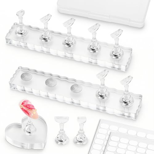 ESUOHYM Nail Stand For Press On Strong Magnetic Nail Art Supplies Display Tip Holder For Painting Practice Hand Nails With 200Pcs Tape & 1 Heart Acrylic Presson Stands Kits with Case Nail Diy Accessories