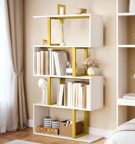 DWVO Geometric Bookshelf, 5-Tier Bookshelf S-Shaped Bookshelves, Modern Geometric Bookcase Freestanding Multifunctional Storage Shelving for Living Room Home Office,White Gold