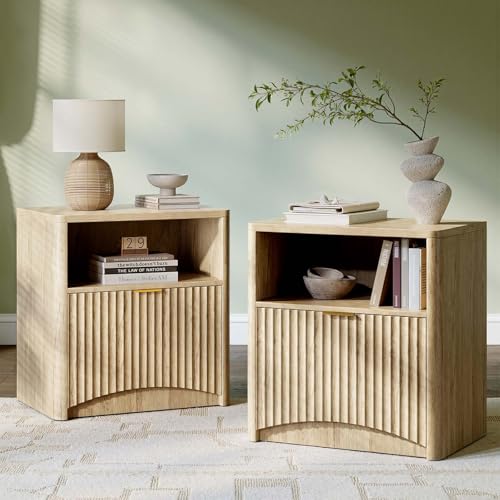 Image of Evermagin Fluted Nightstand Set of 2, Natural Oak Bedside Table with Drawer and Storage, Wood End Table Mid Century Modern, Large Night Stand for Bedroom