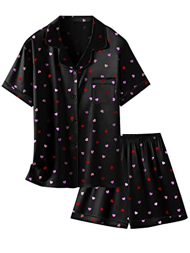 Image of Schbbbta Girls Womens Pajamas, Satin Silky Pjs Set Kids 2Pcs Button-Down Nightwear Sleepwear Gift for Mommy and me