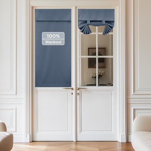 NICETOWN Door Cover, W26 x L50 inch Long 100% Blackout Tricia Window Curtains for Patio French Front Door Tie Up Shade for Sightseeing, 1 Panel, Stone Blue