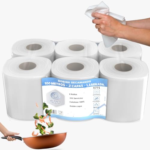 Bobina Papel secamanos mecha laminada 6 rollos de 100m 100% Celulosa Doble Capa