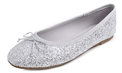 Feversole Round Glitter Ballerina, Damen Klassische Ballerinas Profilsohle Glänzende Ballerina Flach Glänzende Eissilber 39