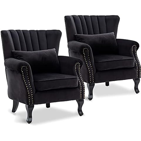 LZAREAL Accent Reading Arm Chairs Set of 2 Midcentury Modern Comfy Corner Sofa Chair, Wingback Waiting Room Club Chair with Tufted Back for Living Room/Bedroom/Reception Room, Velvet Black Cover