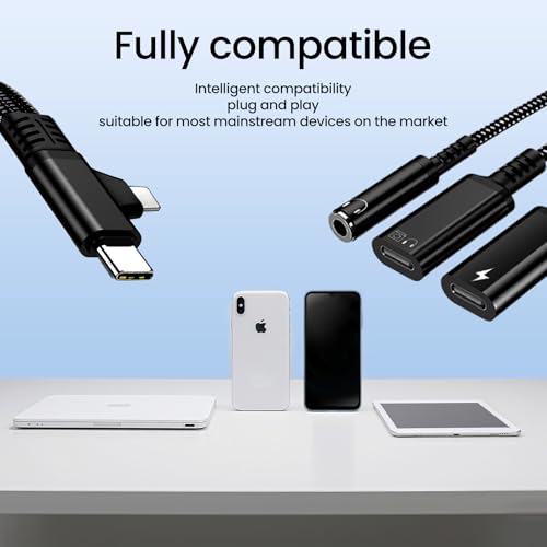 Adaptateur USB C et Lightning vers type C double port avec audio 3.5mm charge rapide PD noir - 5